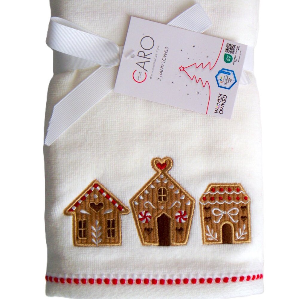 Set of 2 Soft Caro Christmas Gingerbread Themed Hand Towels Cotton NWT